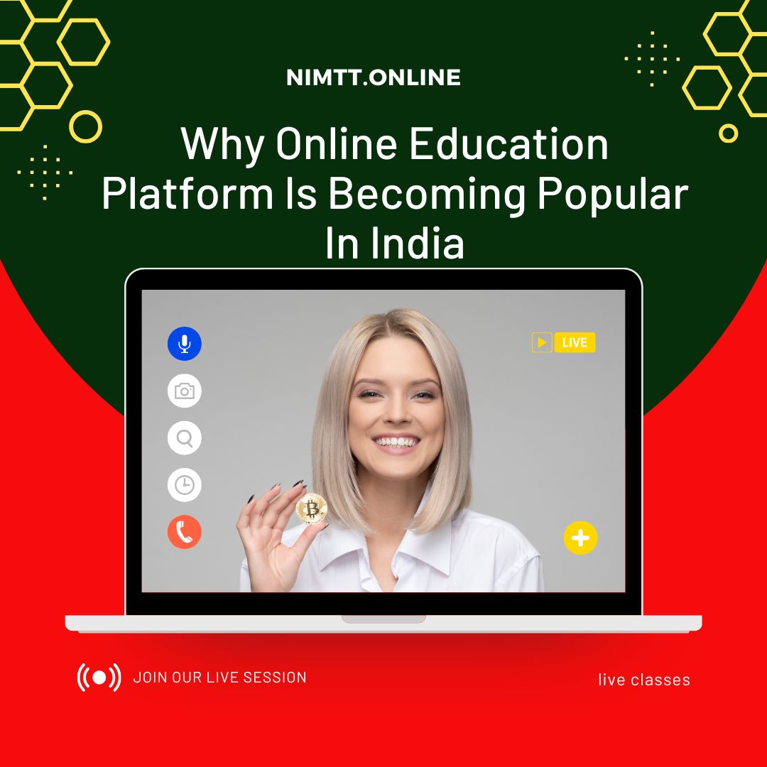 Online education platform interface showing a live session instructor holding a Bitcoin, with video conference controls and nimtt online branding on green and red background