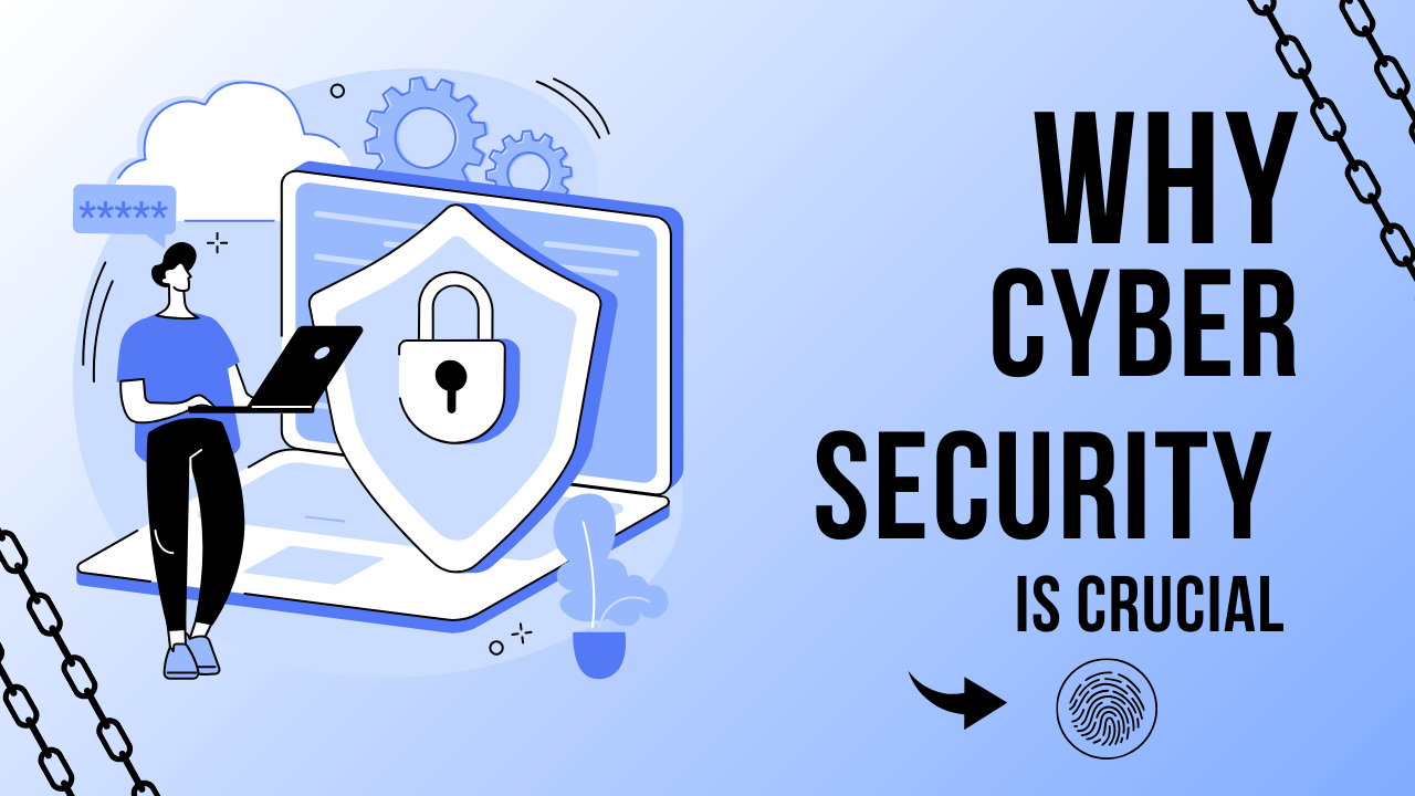 Illustration of cybersecurity concept showing person with laptop next to large security shield icon, lock symbol, and gear elements on light blue background