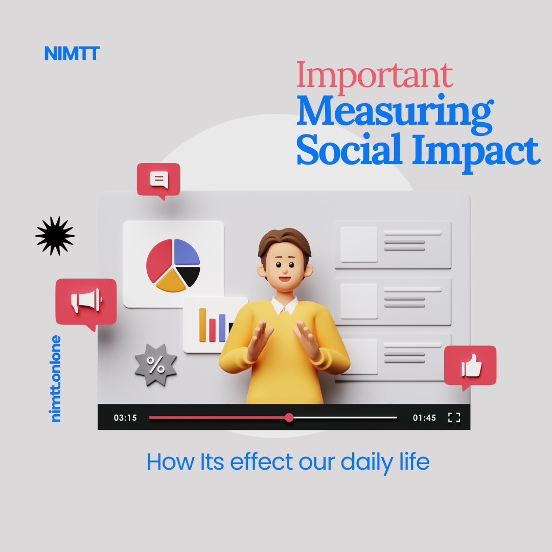 3D illustration of a presenter in yellow sweater explaining social impact metrics with pie charts, graphs, and social media engagement icons, featuring NIMTT's video interface